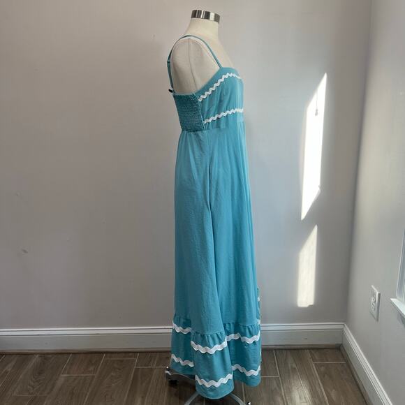 PrettyGarden Blue White Maxi Dress Smocked Back W/ Pockets Size M - Picture 5 of 9